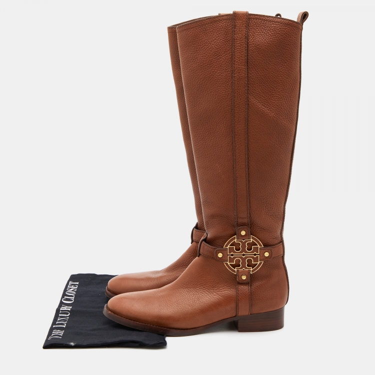 Pre Owned Tory Burch Brown Leather Logo Knee Length Boots Size 39