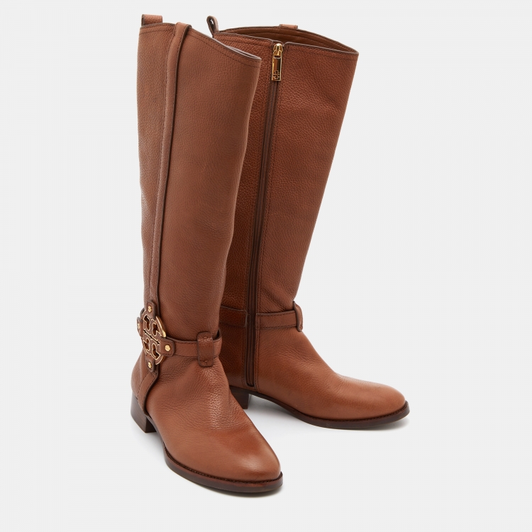 Pre Owned Tory Burch Brown Leather Logo Knee Length Boots Size 39