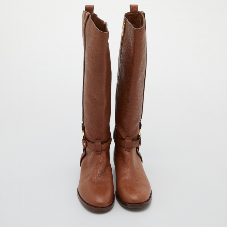 Pre Owned Tory Burch Brown Leather Logo Knee Length Boots Size 39