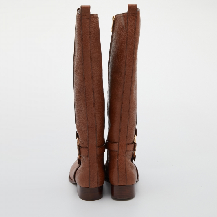 Pre Owned Tory Burch Brown Leather Logo Knee Length Boots Size 39