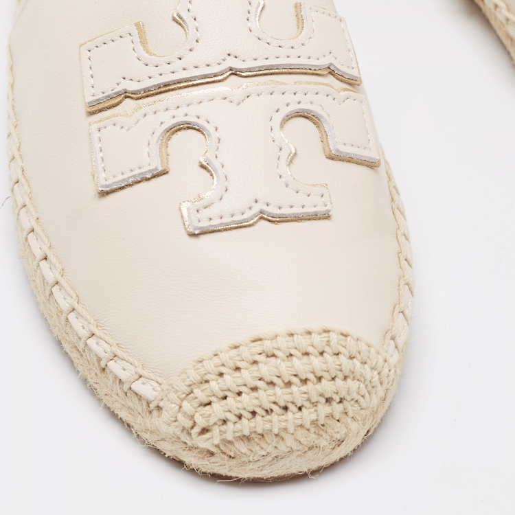 Pre Owned Tory Burch Cream Leather Slip On Espadrille Flats Size 39