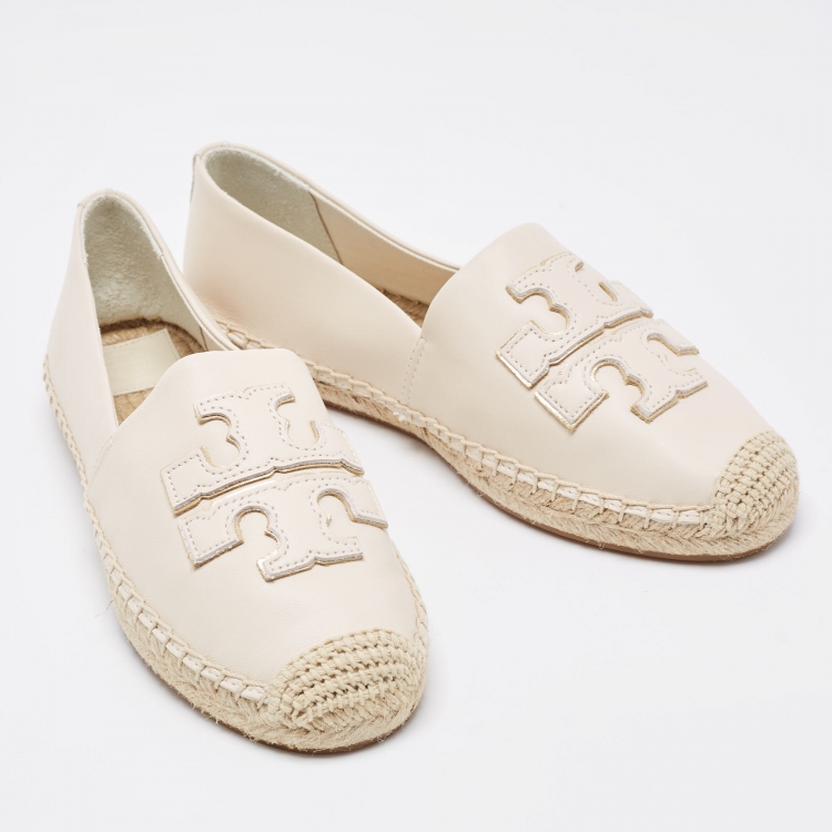 Pre Owned Tory Burch Cream Leather Slip On Espadrille Flats Size 39