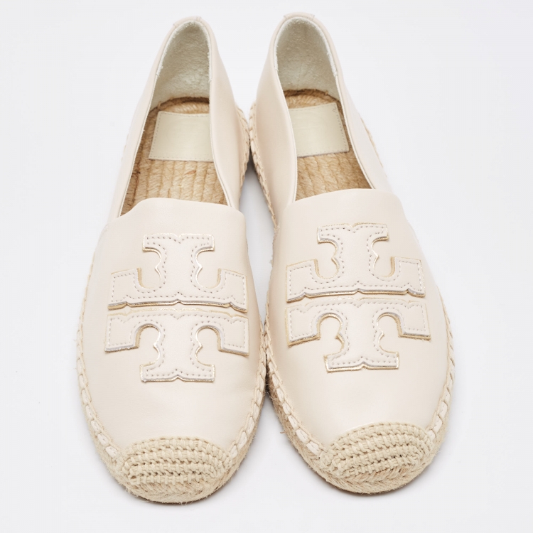 Pre Owned Tory Burch Cream Leather Slip On Espadrille Flats Size 39