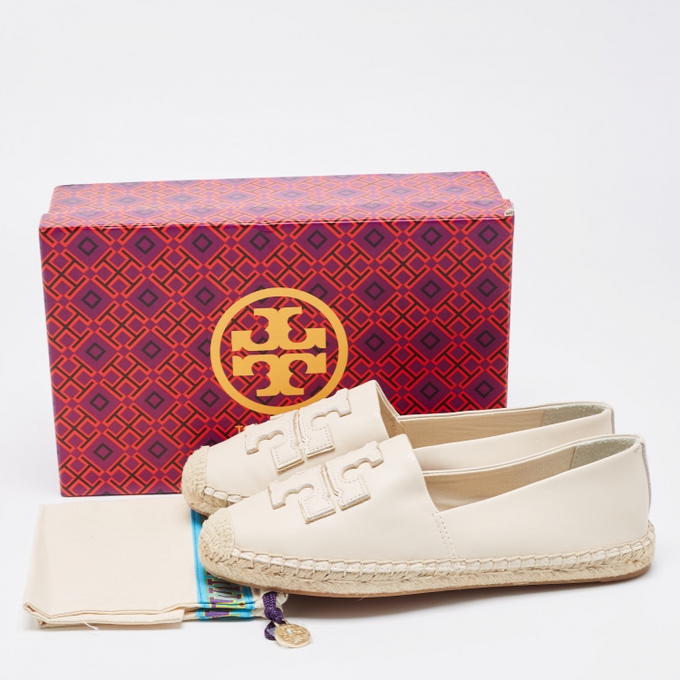 Pre Owned Tory Burch Cream Leather Slip On Espadrille Flats Size 39