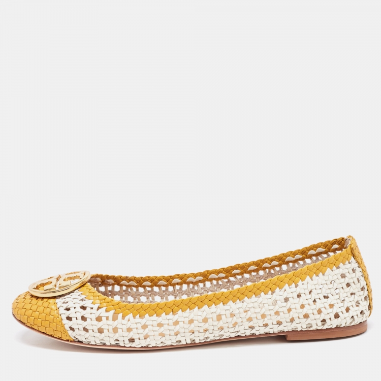 Pre Owned Tory Burch White/Yellow Woven Leather Reva Ballet Flats Size 39