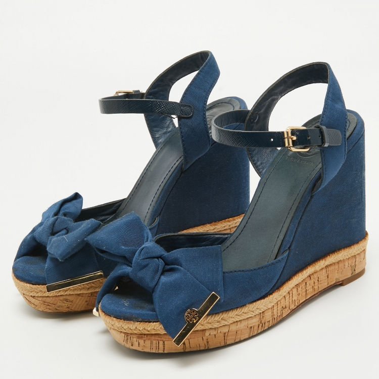 Tory Burch Navy Blue Fabric Bow Wedge Ankle Strap Sandals Size 37