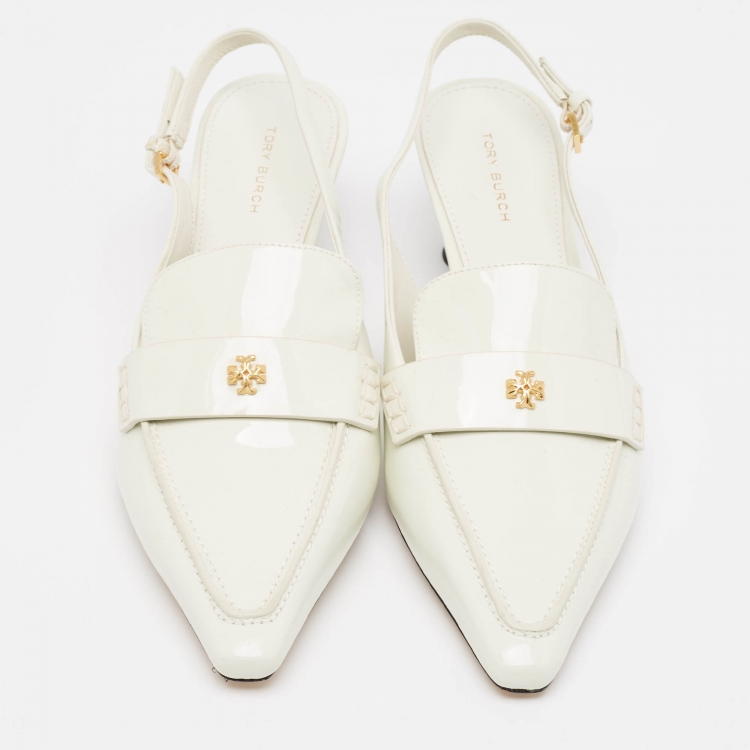 Pre Owned Tory Burch White Patent Leather Slingback Pointed Toe Pumps Size 38