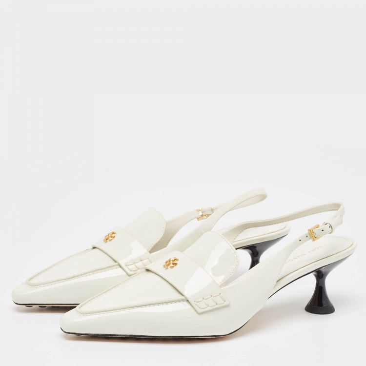 Pre Owned Tory Burch White Patent Leather Slingback Pointed Toe Pumps Size 38