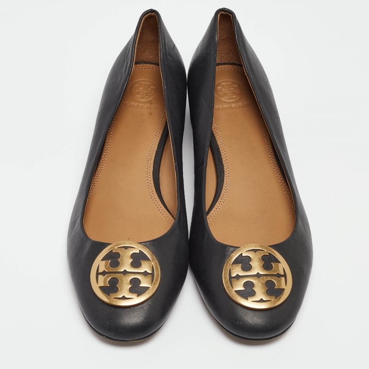 Pre Owned Tory Burch Black Leather Benton Ballet Flats Size 40