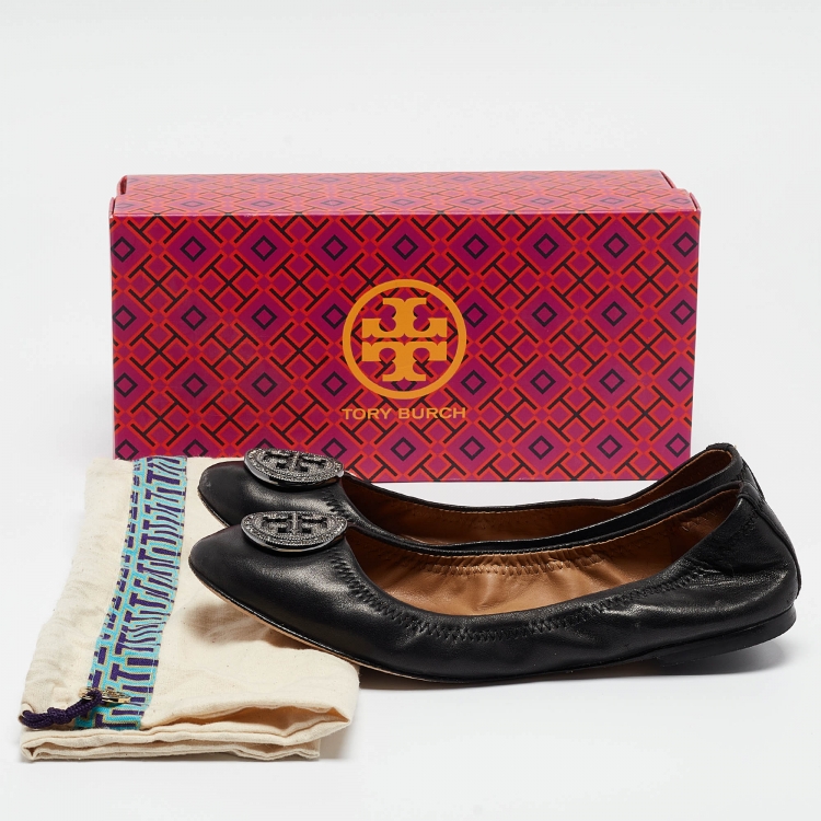 Pre Owned Tory Burch Black Leather Scrunch Ballet Flats Size 38
