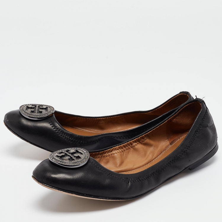 Pre Owned Tory Burch Black Leather Scrunch Ballet Flats Size 38
