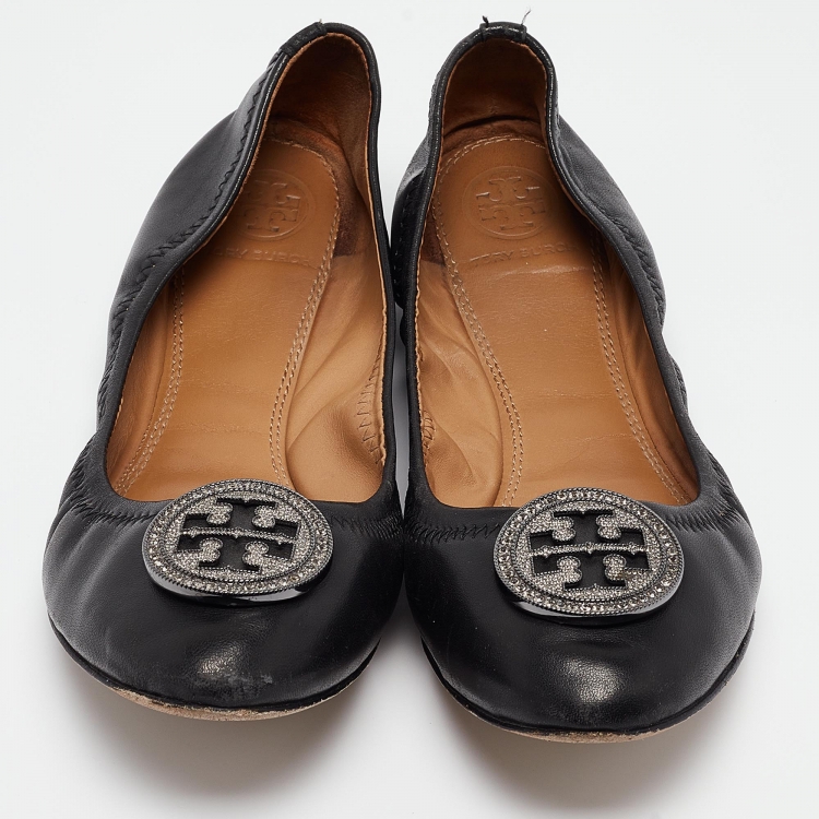 Pre Owned Tory Burch Black Leather Scrunch Ballet Flats Size 38