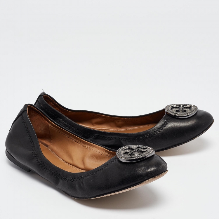 Pre Owned Tory Burch Black Leather Scrunch Ballet Flats Size 38