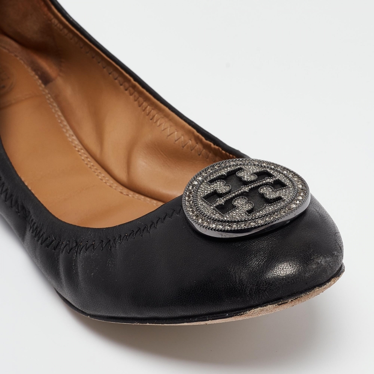 Pre Owned Tory Burch Black Leather Scrunch Ballet Flats Size 38