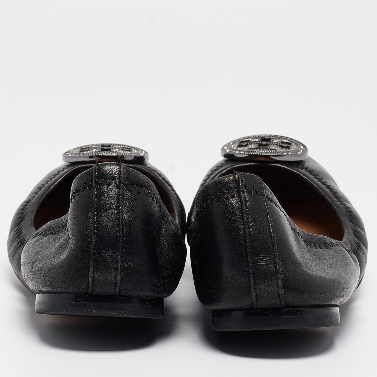 Pre Owned Tory Burch Black Leather Scrunch Ballet Flats Size 38
