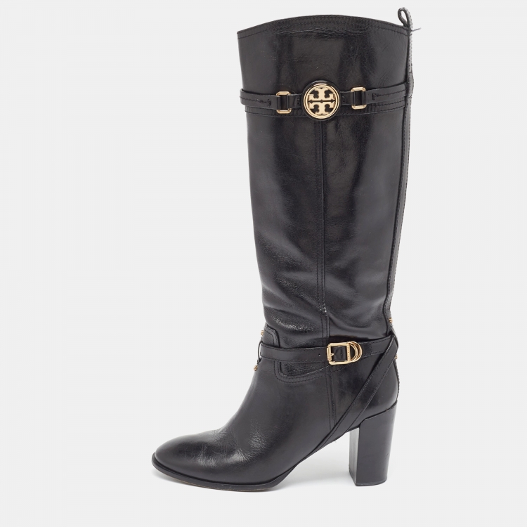 Pre Owned Tory Burch Black Leather Knee Length Boots Size 40.5