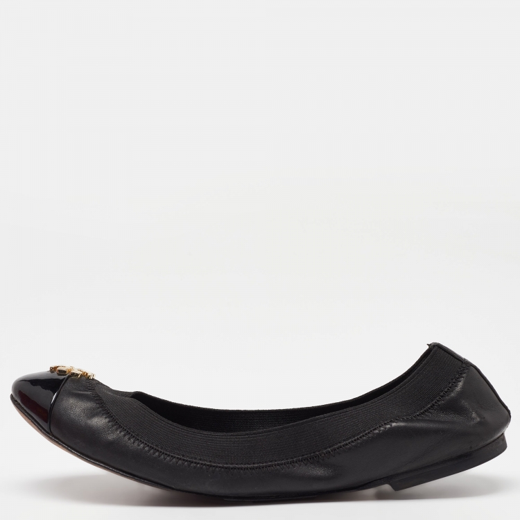 Tory Burch Black Patent and Leather Jolie Scrunch Ballet Flats Size 35. ...