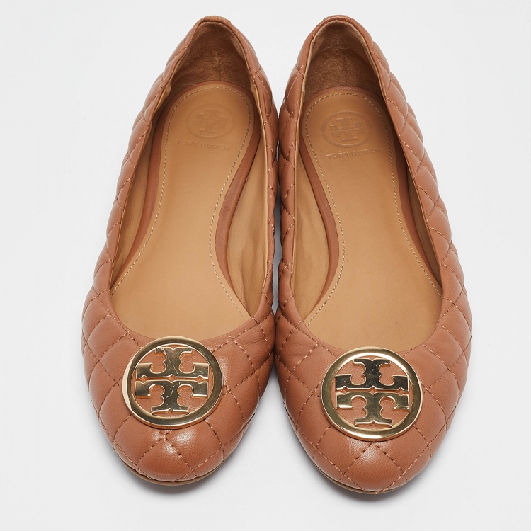 Pre Owned Tory Burch Brown Quilted Leather Benton 2 Ballet Flats Size 39