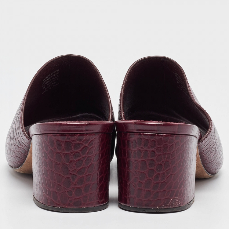 Pre Owned Tory Burch Burgundy Croc Embossed Leather Salinas Slide Sandals Size 38