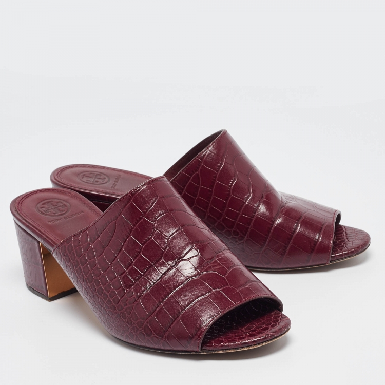 Pre Owned Tory Burch Burgundy Croc Embossed Leather Salinas Slide Sandals Size 38