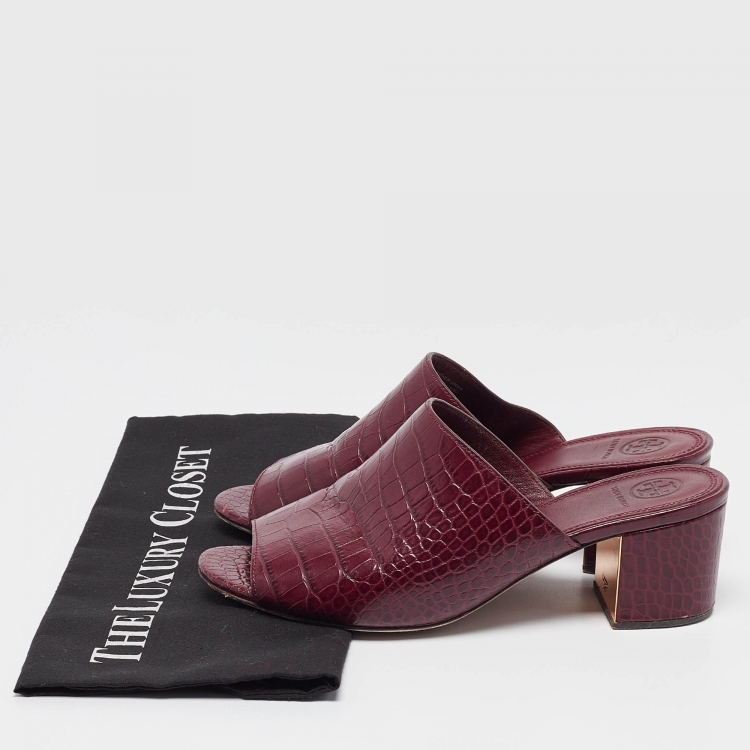 Pre Owned Tory Burch Burgundy Croc Embossed Leather Salinas Slide Sandals Size 38