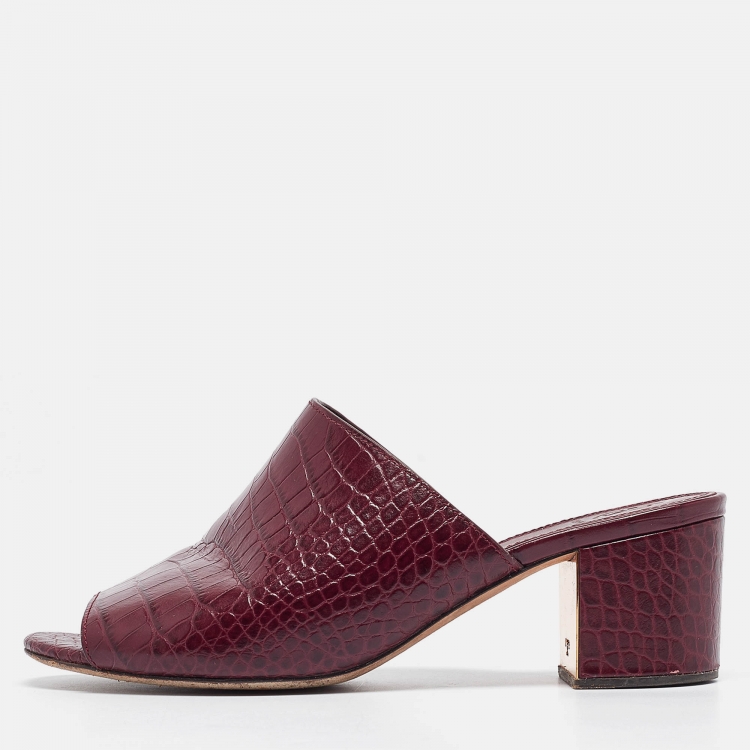 Pre Owned Tory Burch Burgundy Croc Embossed Leather Salinas Slide Sandals Size 38