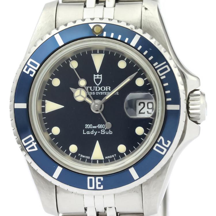 Pre Owned Tudor Blue Stainless Steel Prince Oyster Date 96090 Women's Wristwatch 27MM