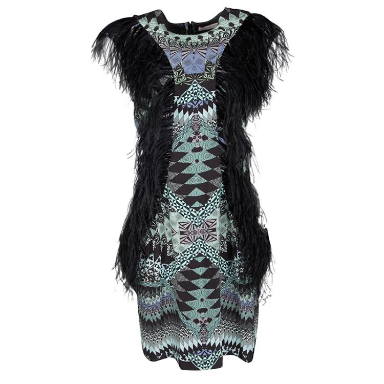 Pre Owned Matthew Williamson AW'11 Multicolor Printed Feather Detail Sleeveless Silk Dress M
