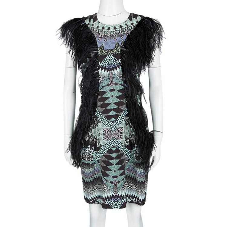 Pre Owned Matthew Williamson AW'11 Multicolor Printed Feather Detail Sleeveless Silk Dress M