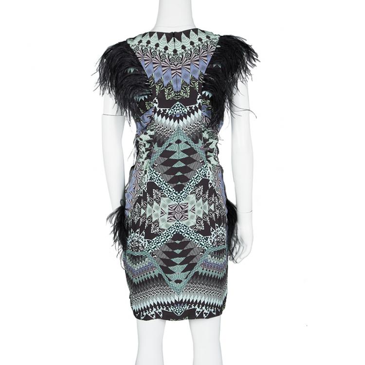 Pre Owned Matthew Williamson AW'11 Multicolor Printed Feather Detail Sleeveless Silk Dress M
