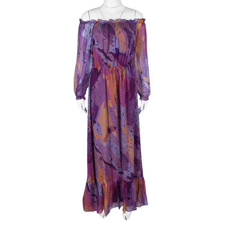 Diane Von Furstenberg Multicolor Printed Silk Tie Detail Off Shoulder Camila  Maxi Dress M