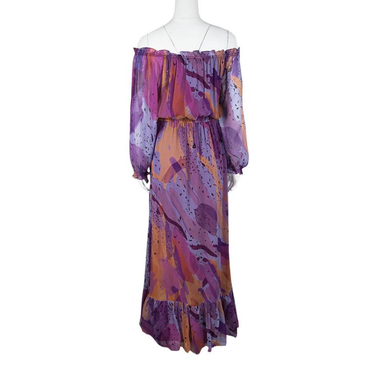 Pre Owned Diane Von Furstenberg Multicolor Printed Silk Tie Detail Off Shoulder Camila Maxi Dress M