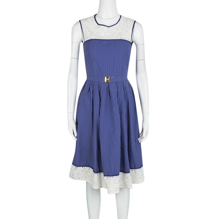 Pre Owned Cavalli Class Blue Seersucker Cotton Lace Insert Belted Sleeveless Dress S 