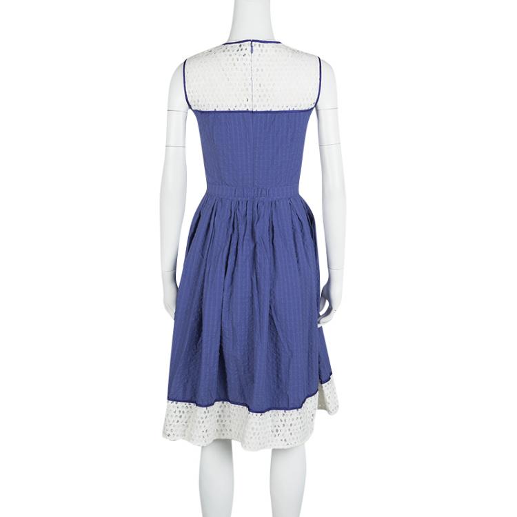 Pre Owned Cavalli Class Blue Seersucker Cotton Lace Insert Belted Sleeveless Dress S 