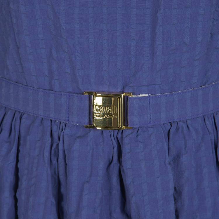 Pre Owned Cavalli Class Blue Seersucker Cotton Lace Insert Belted Sleeveless Dress S 