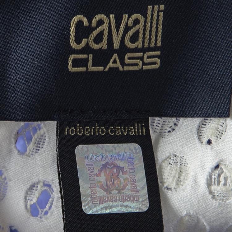 Pre Owned Cavalli Class Blue Seersucker Cotton Lace Insert Belted Sleeveless Dress S 