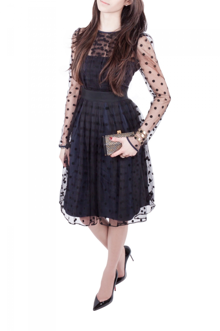 Pre Owned Alice by Temperley Navy Blue and Black Polka Dot Sheer Mesh Overlay Celia Dress S