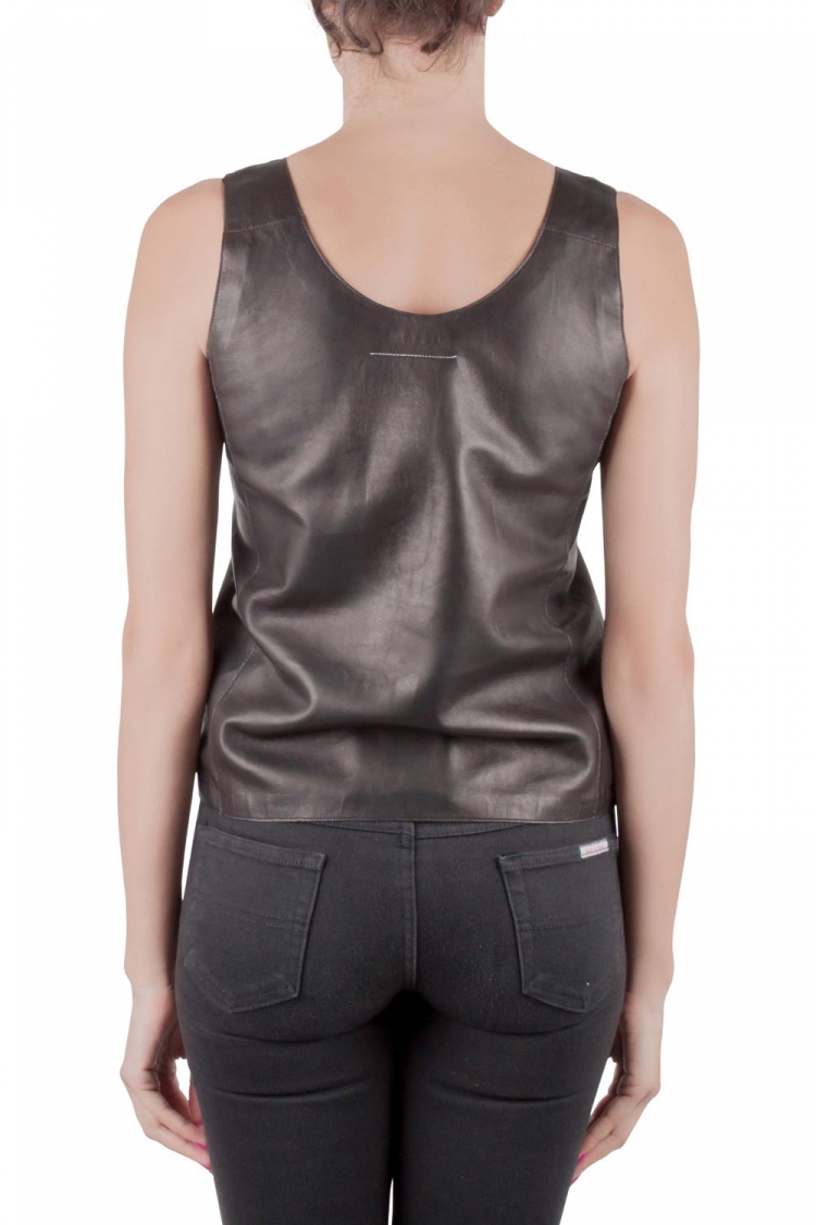 Pre Owned MM6 Maison Margiela Black Leather Sleeveless Tank Top M