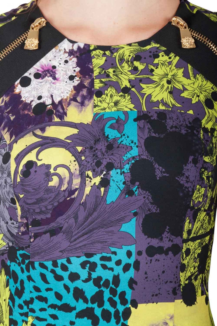 Pre Owned Versace Multicolor Baroque Print Medusa Zip Trim Sleeveless Pencil Dress S