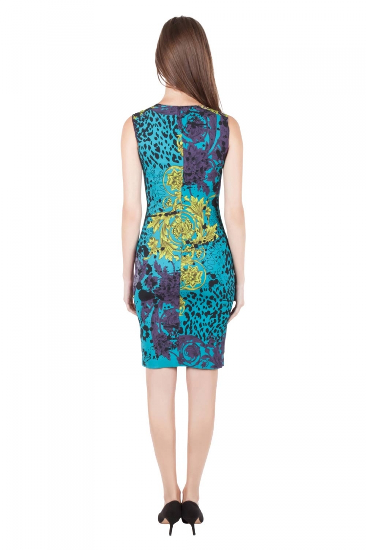 Pre Owned Versace Multicolor Baroque Print Medusa Zip Trim Sleeveless Pencil Dress S