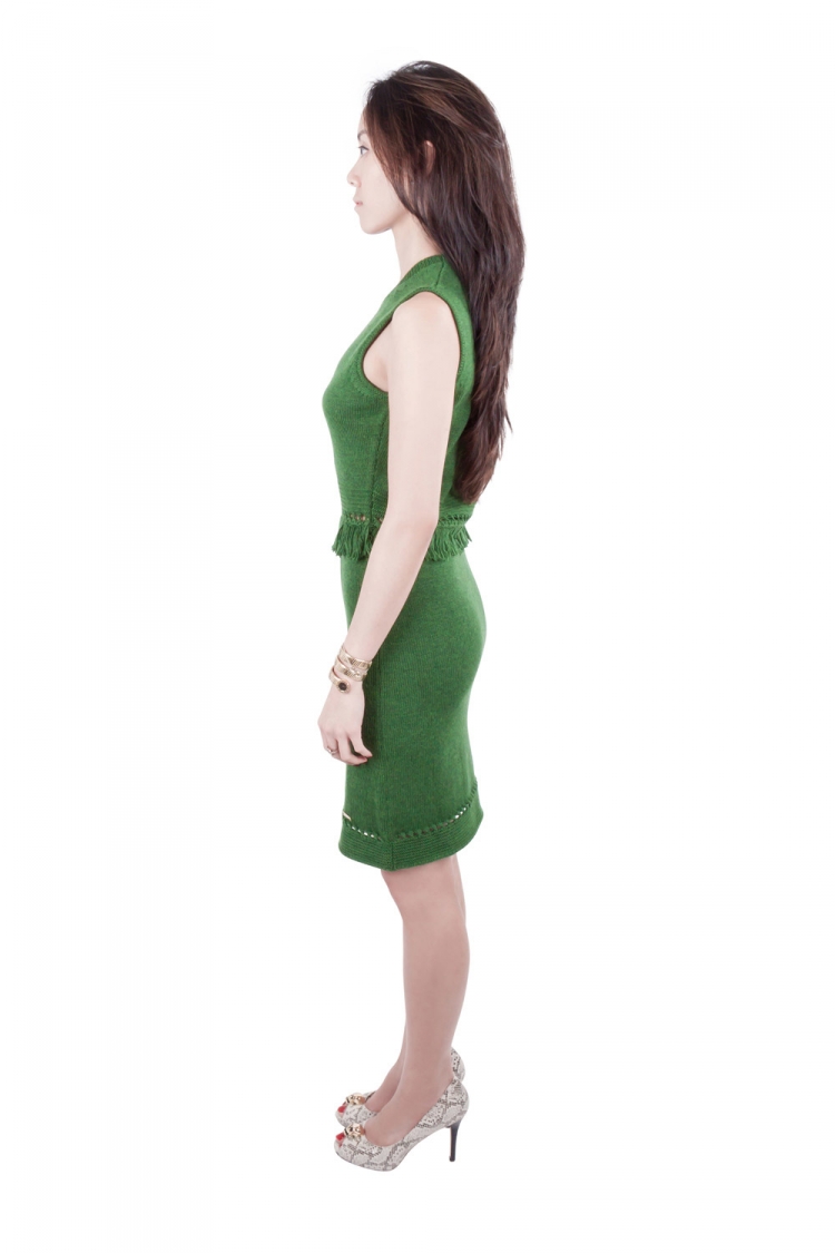 Pre Owned Dsquared2 Green Ribbed Knit Sleeveless Fringed Sheath Dress M
