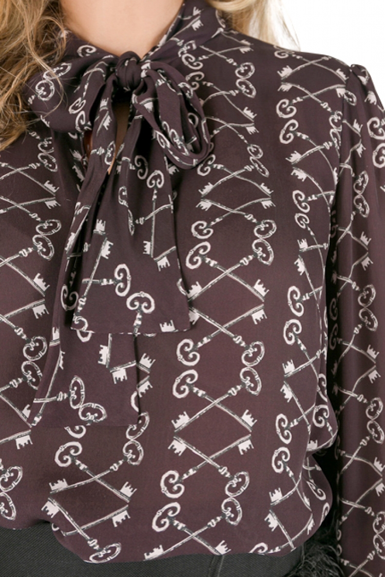 Pre Owned Dolce and Gabbana Burgundy Medieval Key Printed Silk Neck Tie Detail Blouse M