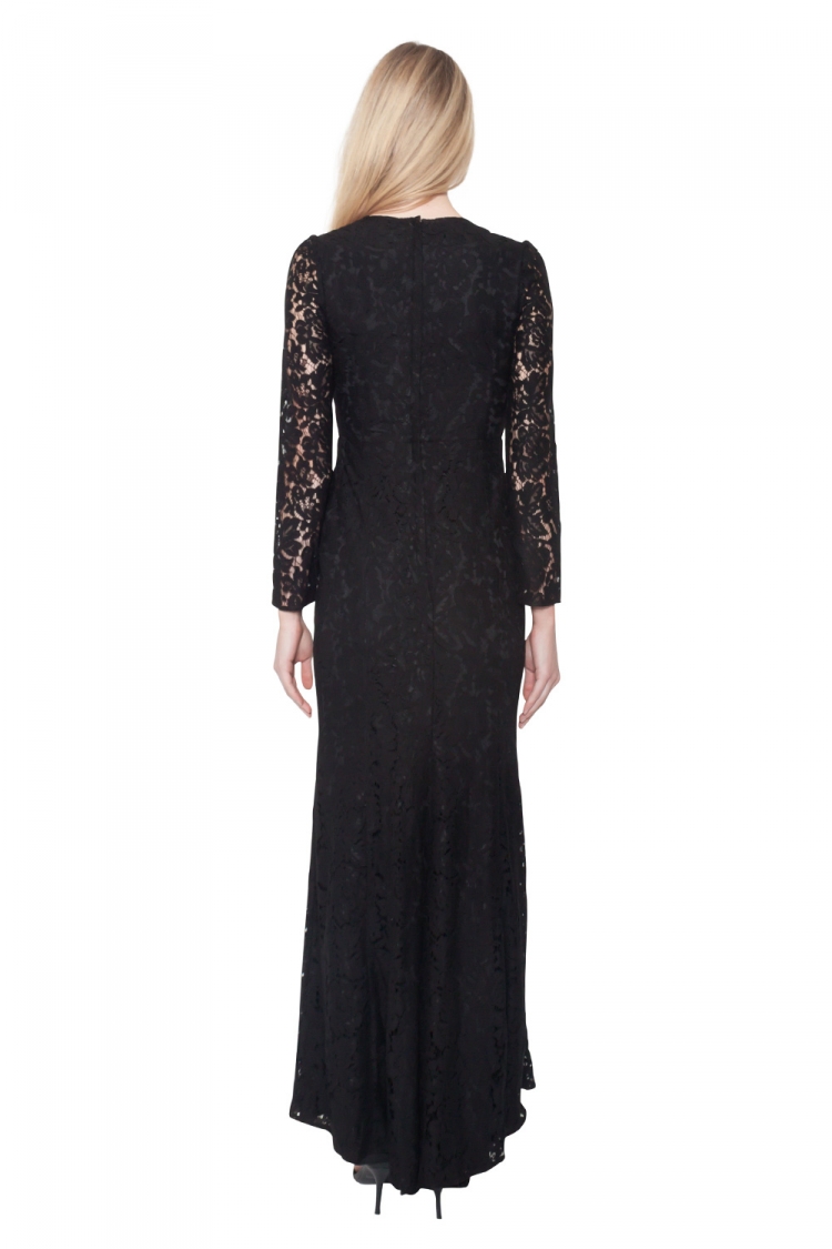 Pre Owned Needle & Thread Black Floral Lace Embellished Neck Gown S