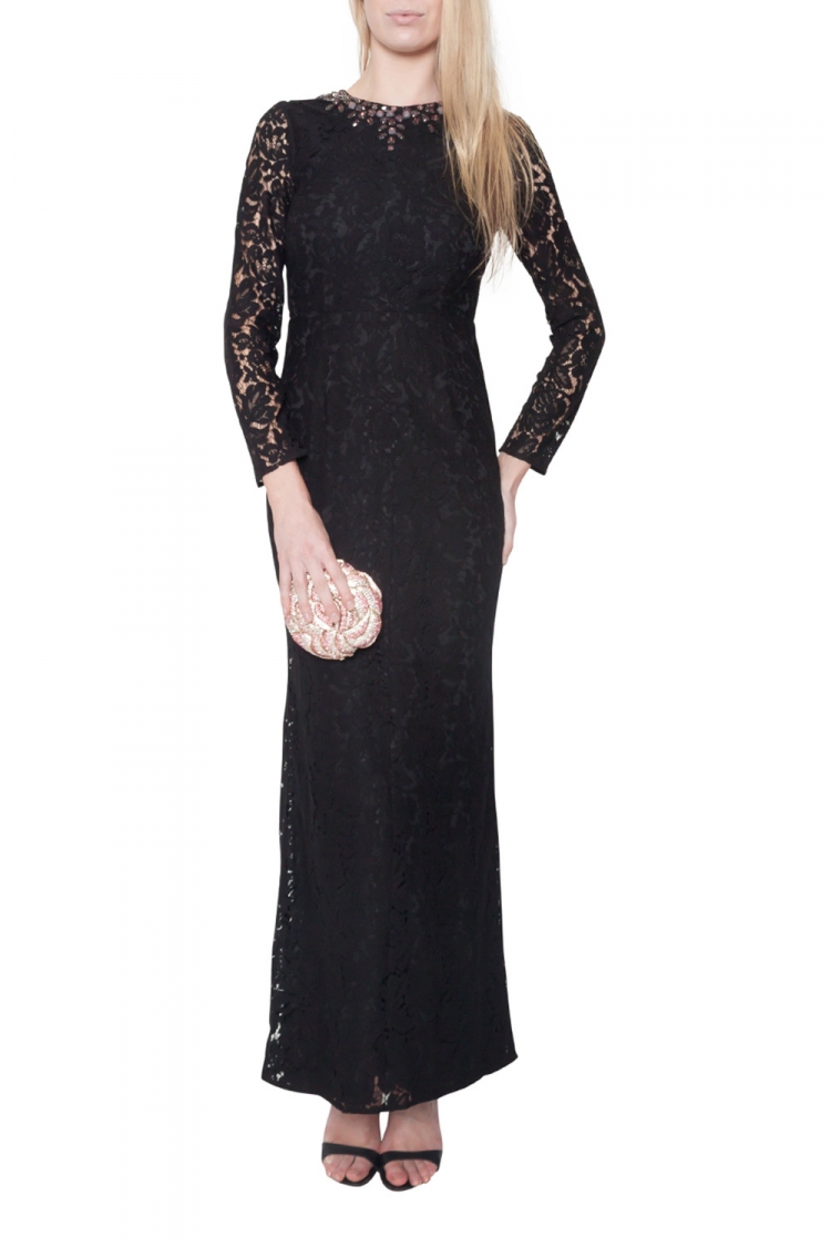 Pre Owned Needle & Thread Black Floral Lace Embellished Neck Gown S