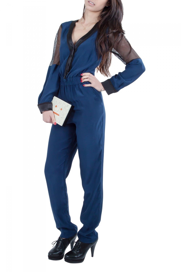 Pre Owned Jonathan Simkhai Navy Blue Silk Long Sleeve Mesh Panel Jumpsuit S 