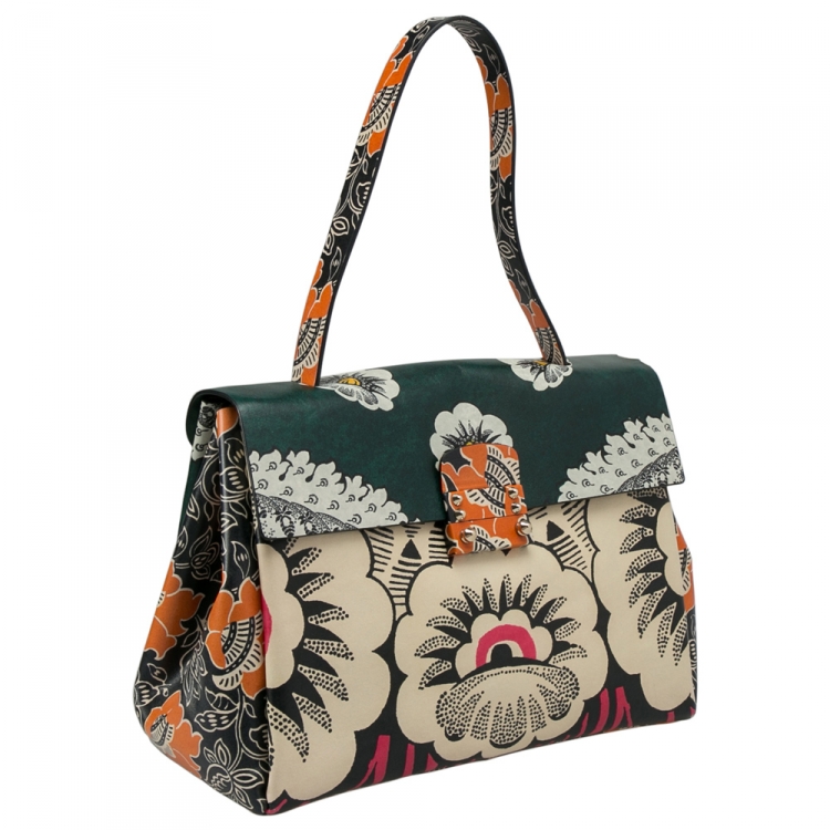 Pre Owned Valenitino Multicolor Floral Print Leather Mime Top Handle Bag