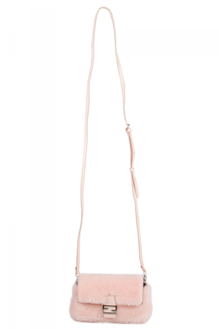 Pre Owned Fendi Light Apricot Sherling Micro Baguette Crossbody Bag