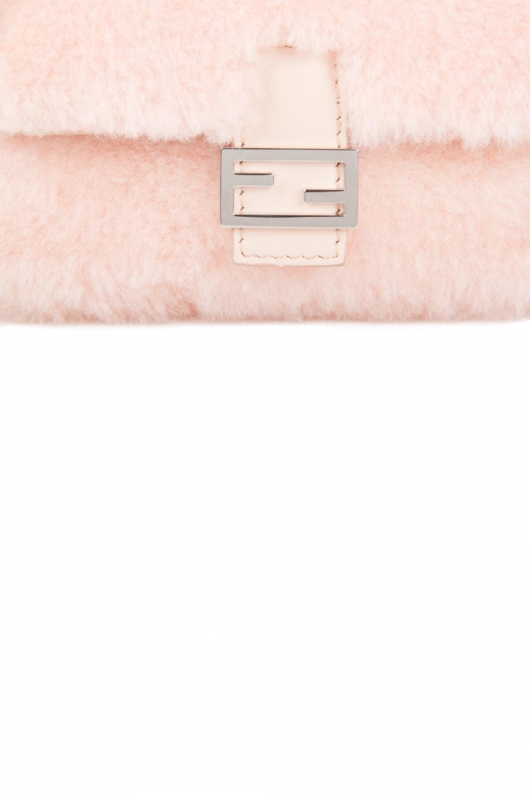 Pre Owned Fendi Light Apricot Sherling Micro Baguette Crossbody Bag