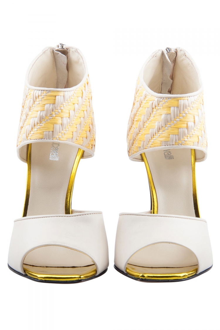 Pre Owned Just Cavalli Cream Leather And Yellow Raffia Open Toe Booties Size 38