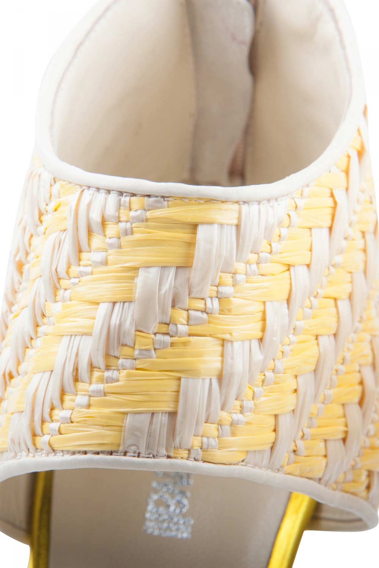 Pre Owned Just Cavalli Cream Leather And Yellow Raffia Open Toe Booties Size 38
